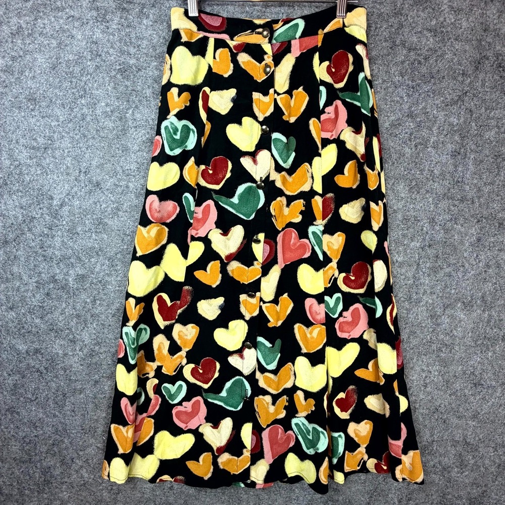 Vintage Terry Ward Midi Skirt Womens Small 90s Dark Heart Print Button Front‎